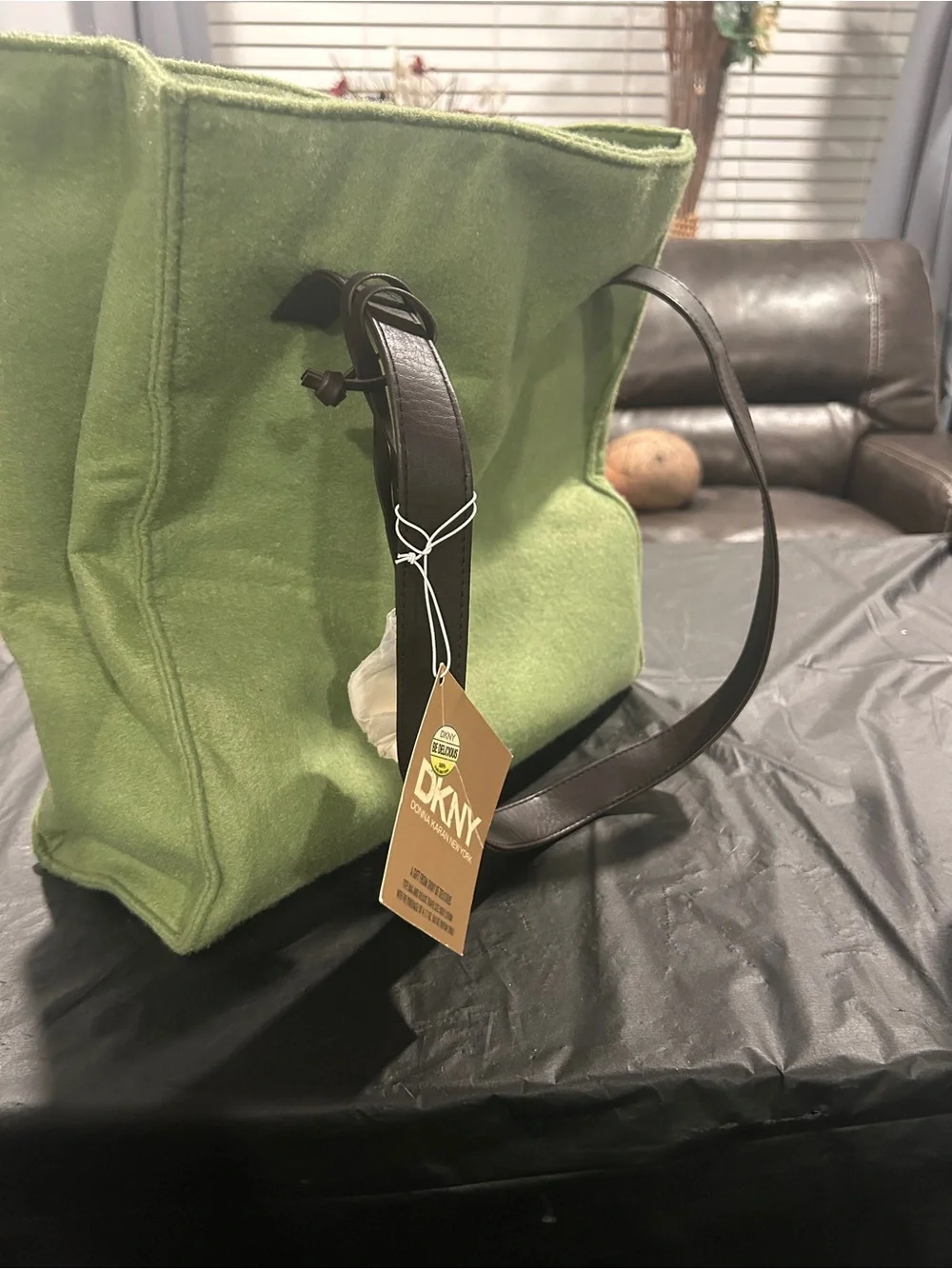 DKNY Olive Green Felt Tote with Dark brown Handles